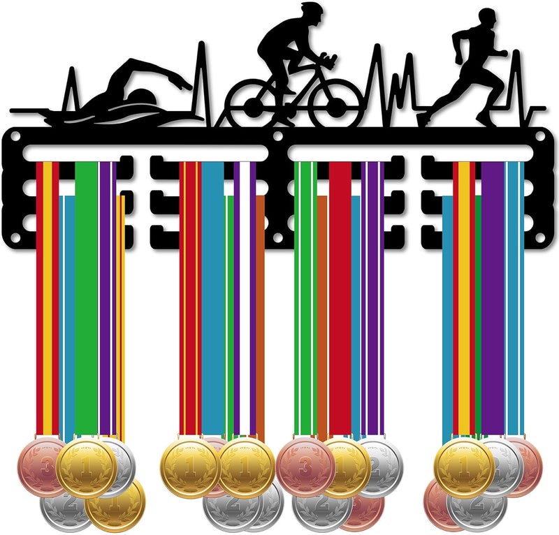 CREATCABIN Triathlon Medal Holder Display Swim Bike Run Medal Hangers Rack Sports Metal Hanging Awards Iron Small Decor Awards for Swimming Running Men Wall Home Badge Medalist Black 11.4 x 5.1 Inch - Image 1